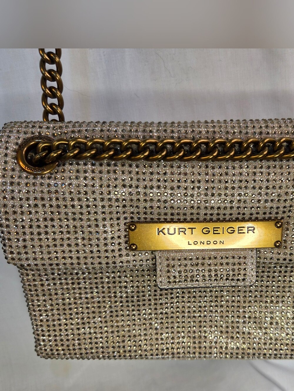 Kurt Geiger London Fabric Mini Kensington Crystal Crossbody Bag – Beige & Gold